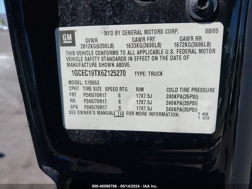 2006 Chevrolet Silverado 1500 Lt2 VIN: 1GCEC19TX6Z125270 Lot: 40098786