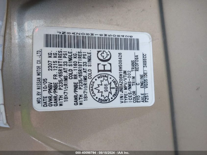 2006 Nissan Murano Sl VIN: JN8AZ08W16W508426 Lot: 40098794