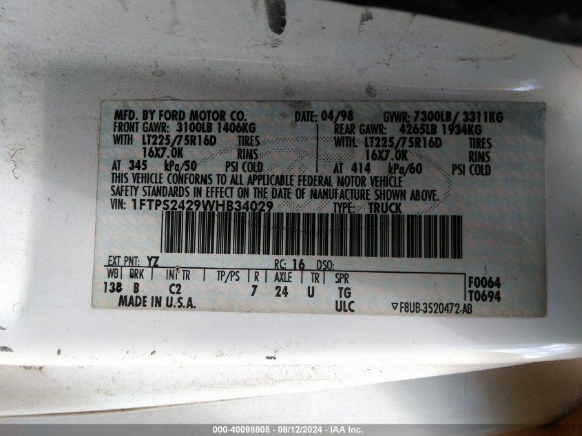 1998 Ford E-250 Commercial/Recreational VIN: 1FTPS2429WHB34029 Lot: 40098805