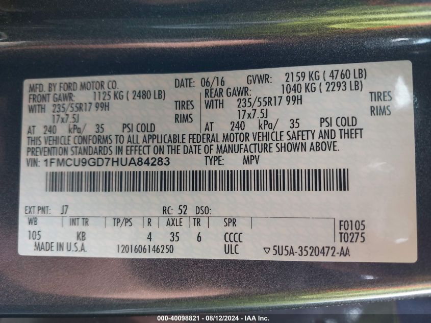 2017 Ford Escape Se VIN: 1FMCU9GD7HUA84283 Lot: 40098821