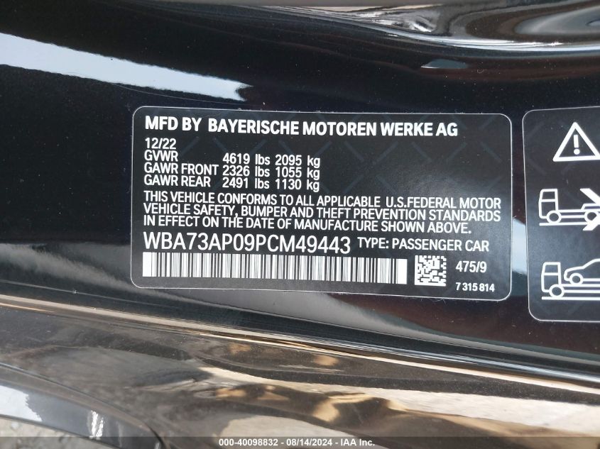 2023 BMW 430I xDrive VIN: WBA73AP09PCM49443 Lot: 40098832