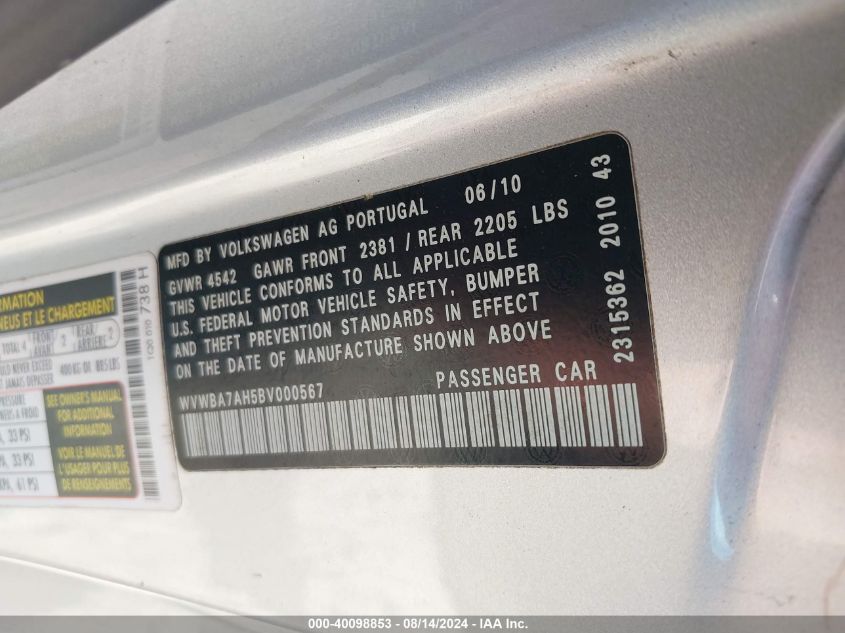 2011 Volkswagen Eos Komfort VIN: WVWBA7AH5BV000567 Lot: 40098853