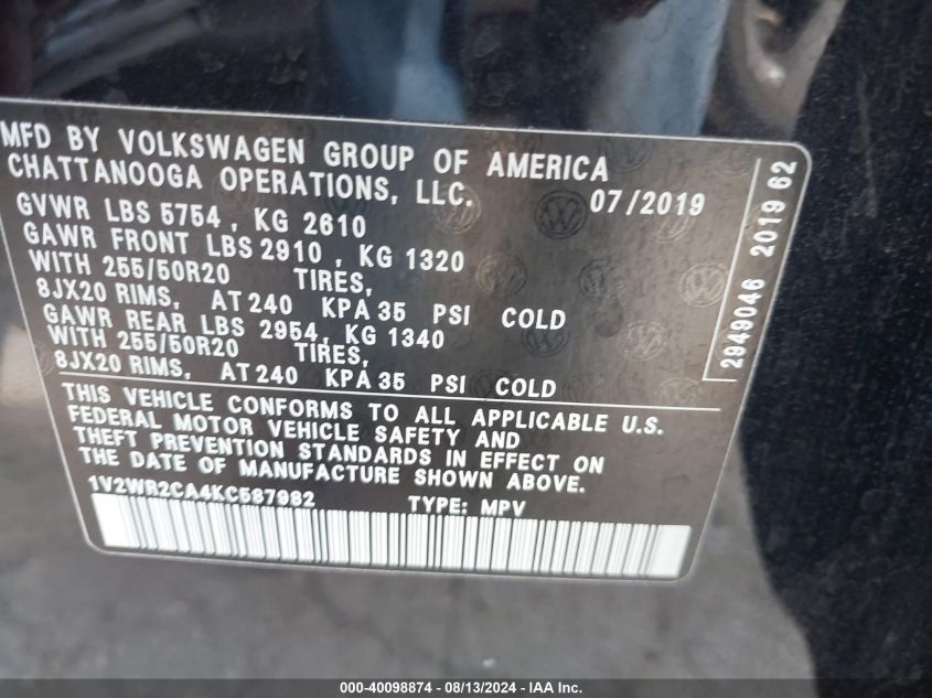 1V2WR2CA4KC587982 2019 Volkswagen Atlas 3.6L V6 Se W/Technology