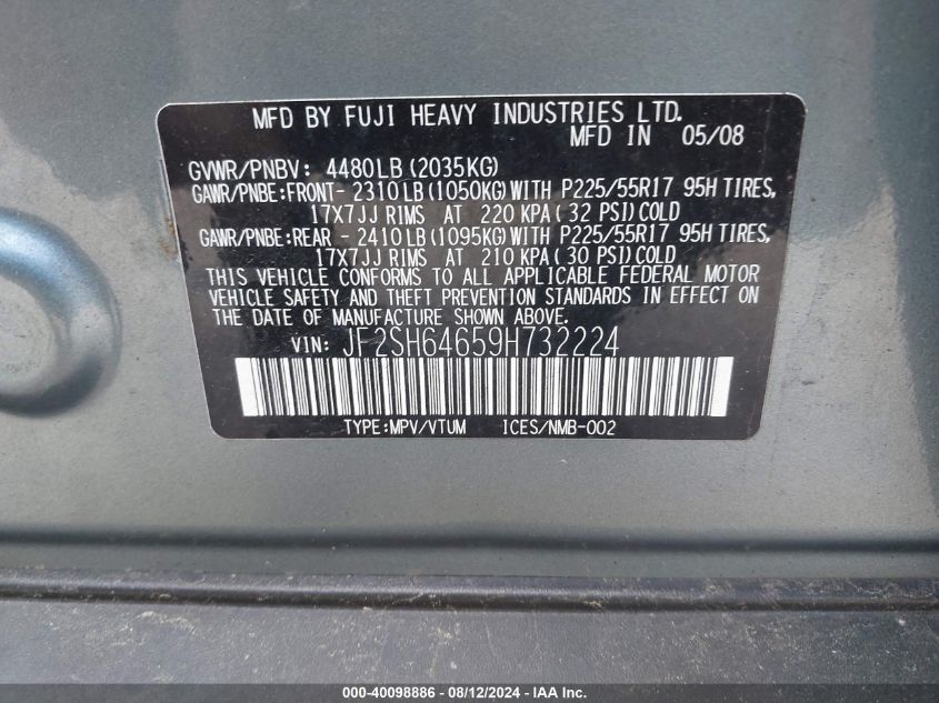 2009 Subaru Forester 2.5X Limited VIN: JF2SH64659H732224 Lot: 40098886