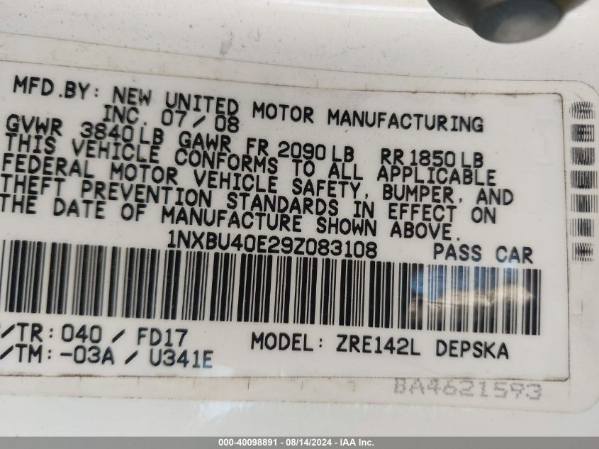 2009 Toyota Corolla S VIN: 1NXBU40E29Z083108 Lot: 40098891