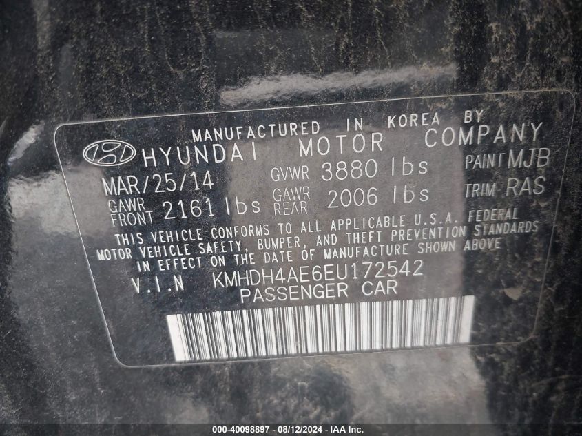 2014 Hyundai Elantra Se VIN: KMHDH4AE6EU172542 Lot: 40098897