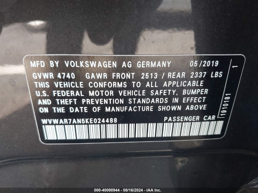 WVWAR7AN5KE024488 2019 Volkswagen Arteon 2.0T Se