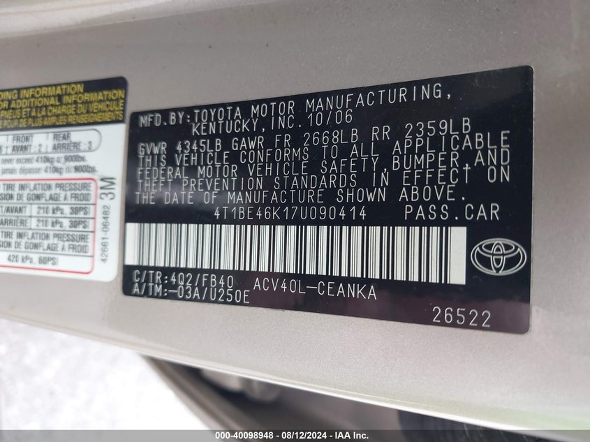 2007 Toyota Camry Le VIN: 4T1BE46K17U090414 Lot: 40098948