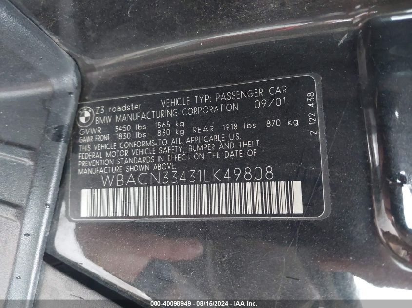 2001 BMW Z3 2.5I VIN: WBACN33431LK49808 Lot: 40098949