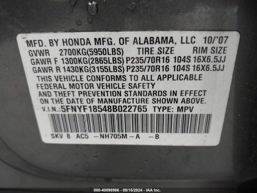 2008 Honda Pilot Ex-L VIN: 5FNYF18548B022765 Lot: 40098986