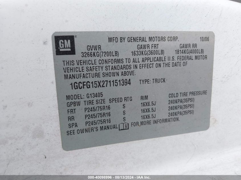 2007 Chevrolet Express Work Van VIN: 1GCFG15X271151394 Lot: 40098996