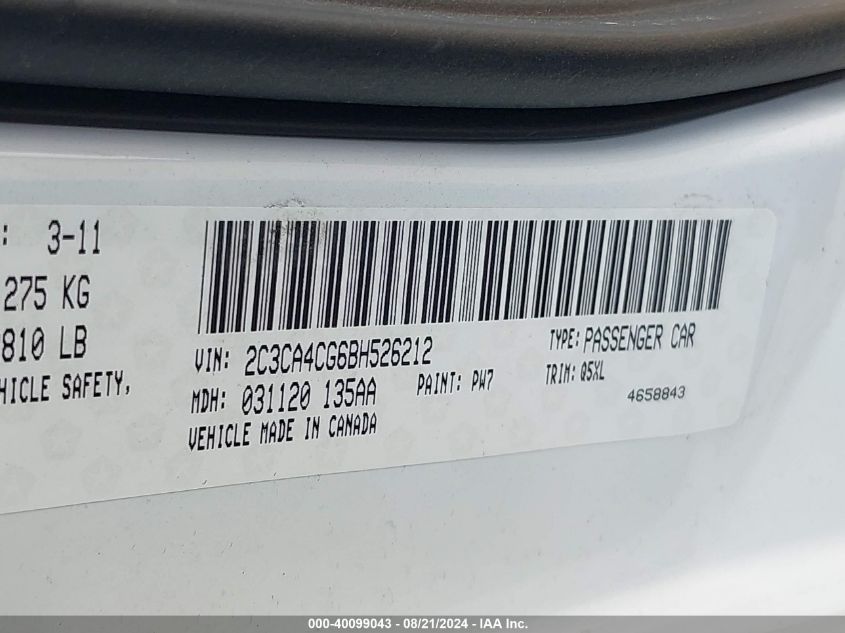 2011 Chrysler 300 VIN: 2C3CA4CG6BH526212 Lot: 40099043