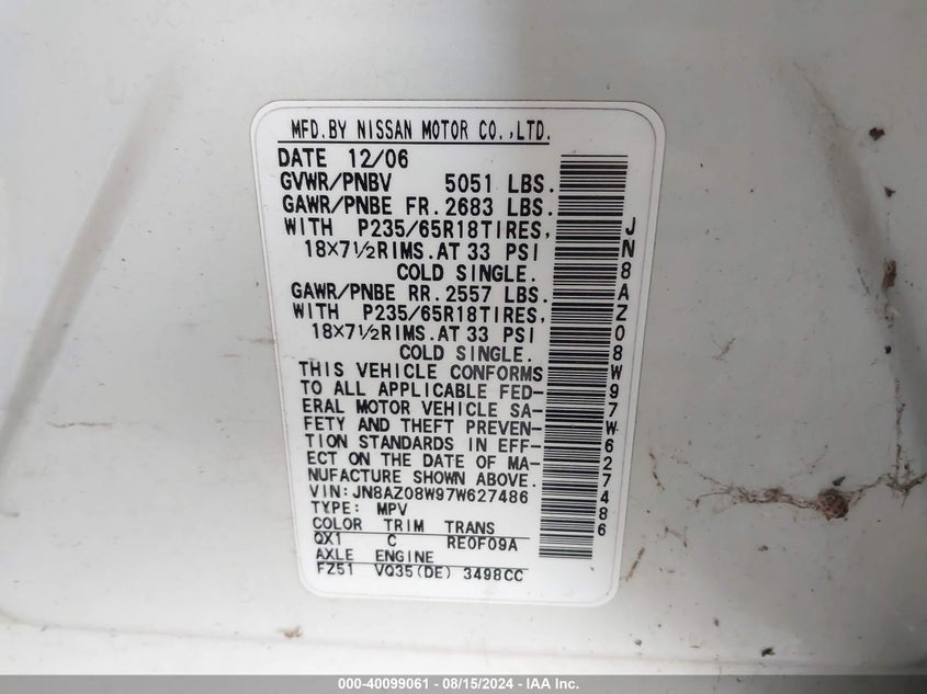 2007 Nissan Murano S VIN: JN8AZ08W97W627486 Lot: 40099061