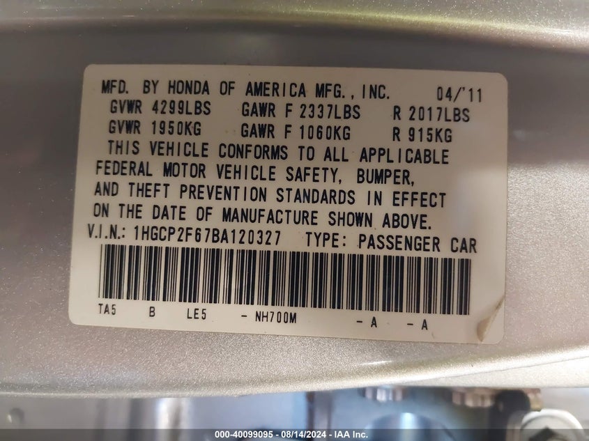 2011 Honda Accord 2.4 Se VIN: 1HGCP2F67BA120327 Lot: 40099095