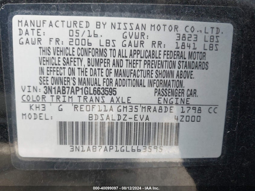 2016 Nissan Sentra Sv VIN: 3N1AB7AP1GL663595 Lot: 40099097