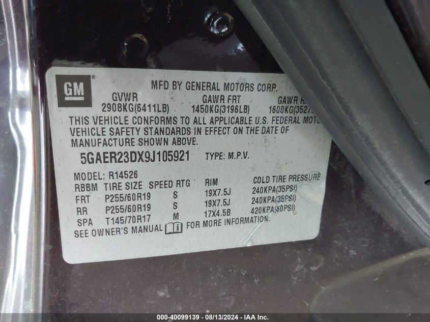 2009 Buick Enclave Cxl VIN: 5GAER23DX9J105921 Lot: 40099139