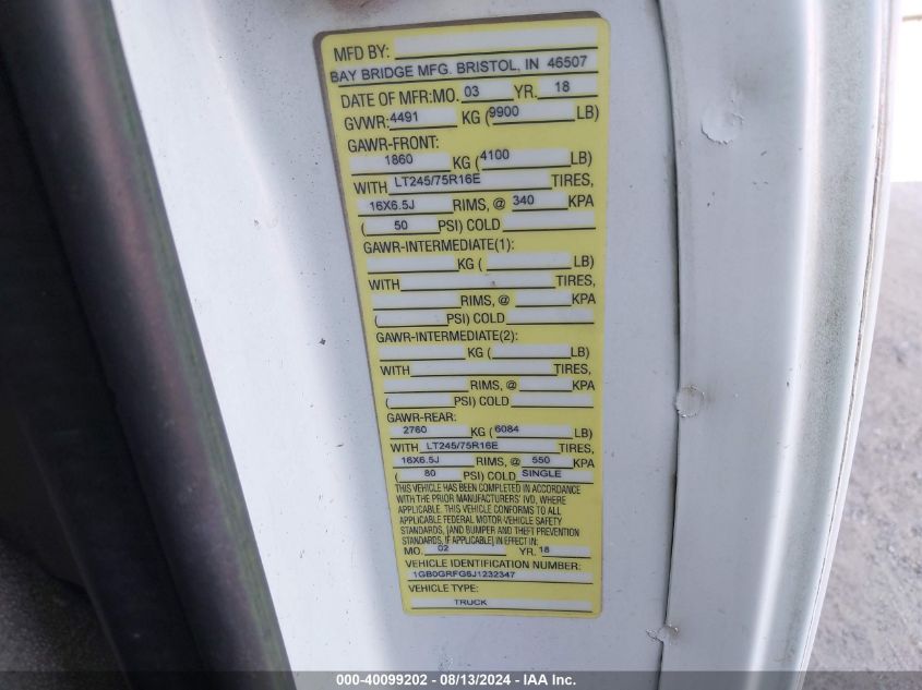 2018 Chevrolet Express G3500 VIN: 1GB0GRFG6J1232347 Lot: 40099202