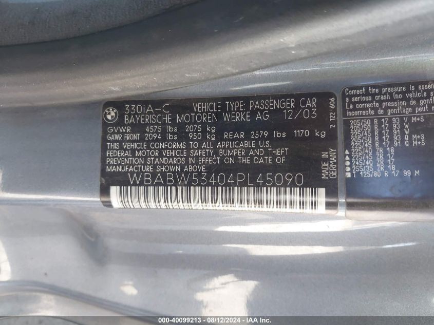2004 BMW 330Ci VIN: WBABW53404PL45090 Lot: 40099213