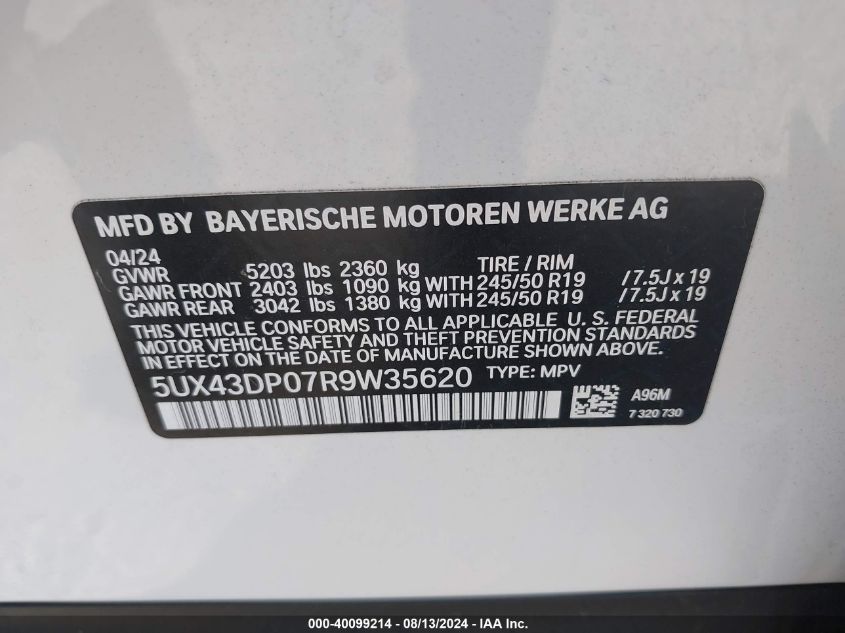 2024 BMW X3 Sdrive30I VIN: 5UX43DP07R9W35620 Lot: 40099214