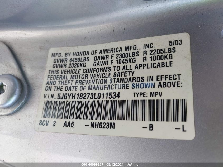 2003 Honda Element Dx VIN: 5J6YH18273L011534 Lot: 40099327
