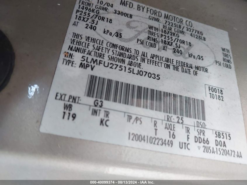 2005 Lincoln Navigator VIN: 5LMFU27515LJ07035 Lot: 40099374