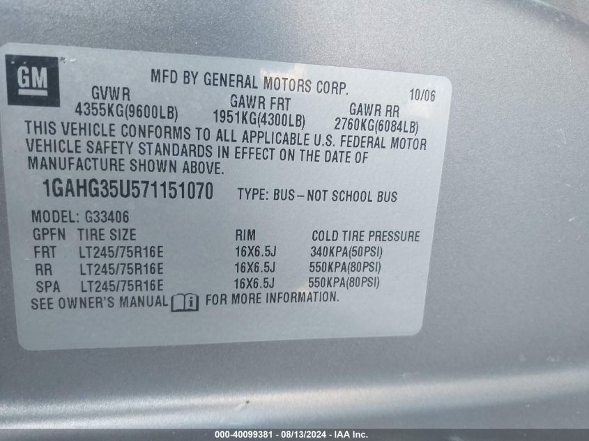 2007 Chevrolet Express Ls VIN: 1GAHG35U571151070 Lot: 40099381