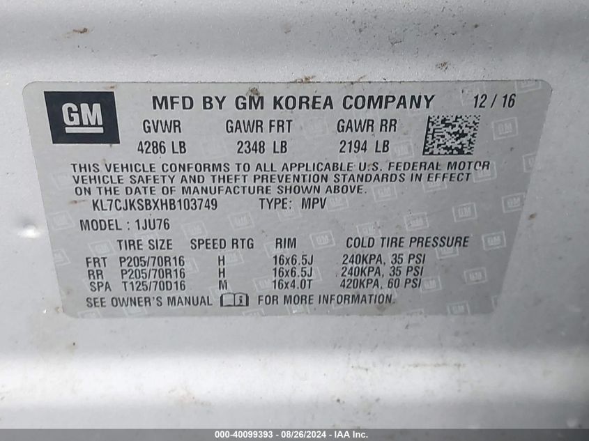 2017 Chevrolet Trax Ls VIN: KL7CJKSBXHB103749 Lot: 40099393