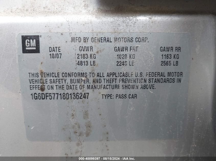 2008 Cadillac Cts Standard VIN: 1G6DF577180136247 Lot: 40099397