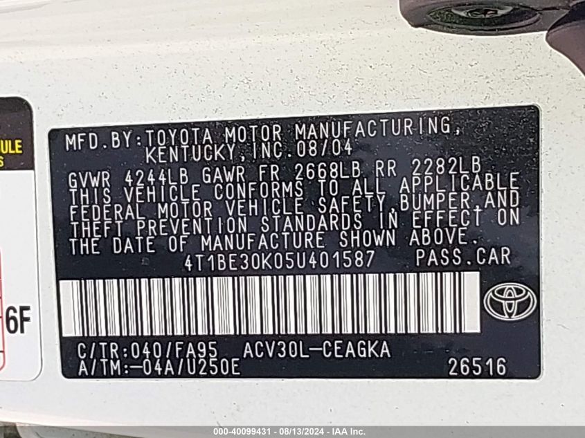 2005 Toyota Camry Xle VIN: 4T1BE30K05U401587 Lot: 40099431