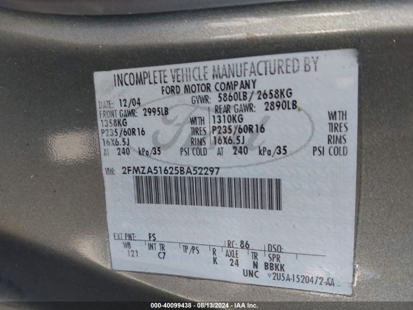 2005 Ford Freestar Se VIN: 2FMZA51625BA52297 Lot: 40099438