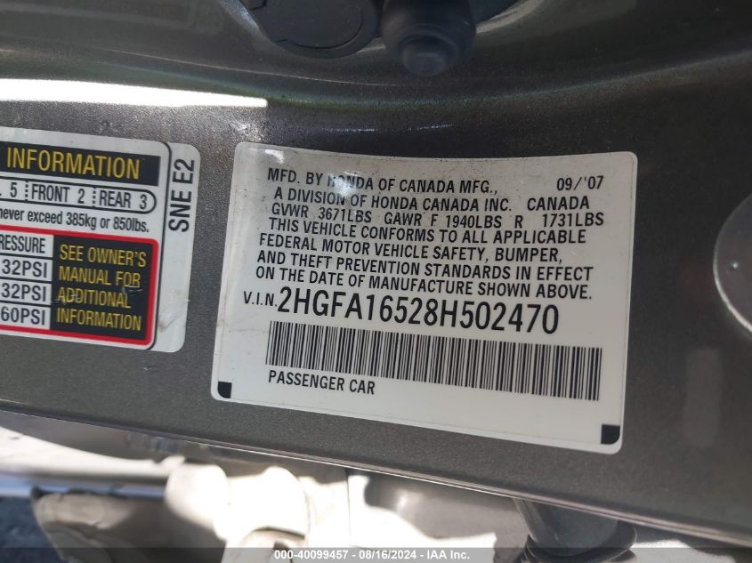 2008 Honda Civic Sdn Lx VIN: 2HGFA16528H502470 Lot: 40099457