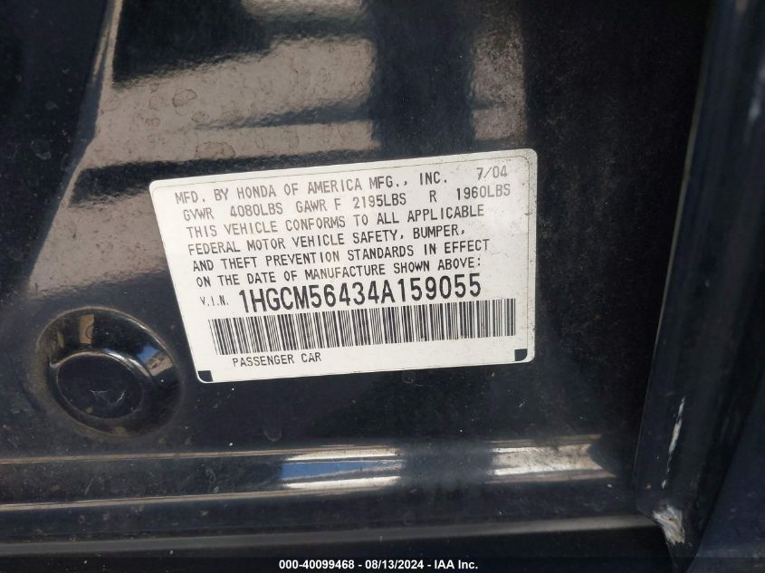 2004 Honda Accord 2.4 Lx VIN: 1HGCM56434A159055 Lot: 40099468