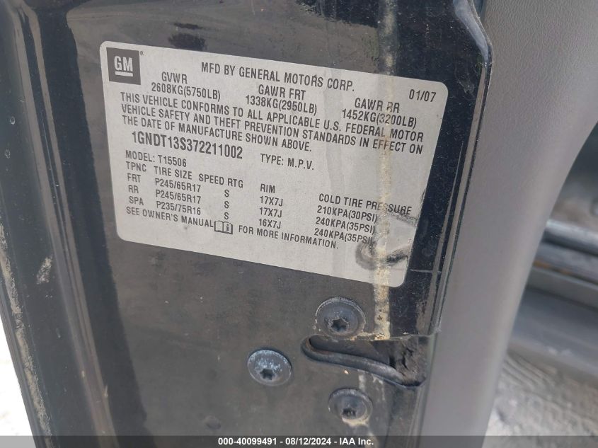 2007 Chevrolet Trailblazer Ls VIN: 1GNDT13S372211002 Lot: 40099491