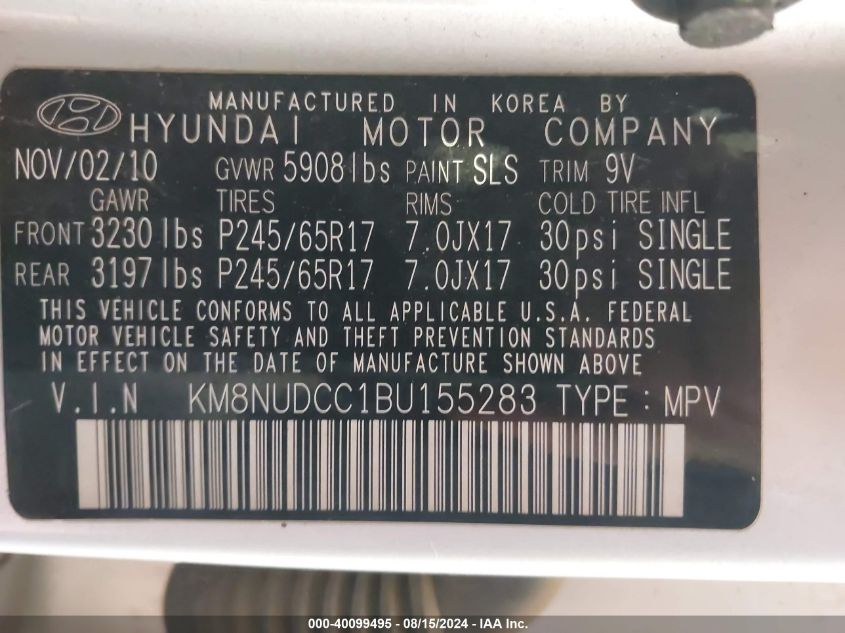 KM8NUDCC1BU155283 2011 Hyundai Veracruz Gls