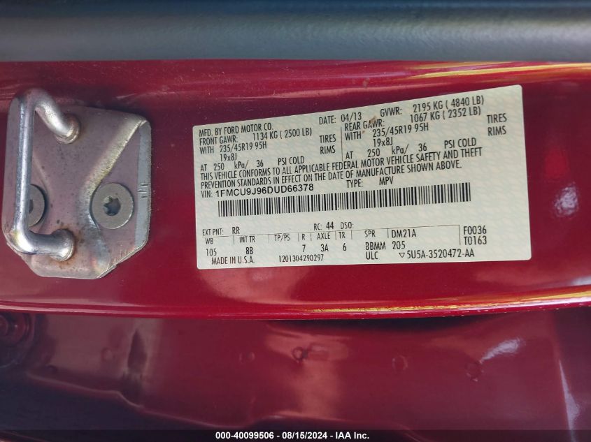 2013 Ford Escape Titanium VIN: 1FMCU9J96DUD66378 Lot: 40099506