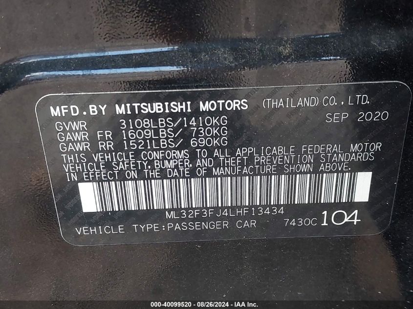 2020 Mitsubishi Mirage G4 Es VIN: ML32F3FJ4LHF13434 Lot: 40099520