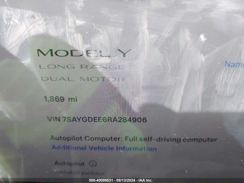 2024 Tesla Model Y Long Range Dual Motor All-Wheel Drive VIN: 7SAYGDEE6RA284906 Lot: 40099531