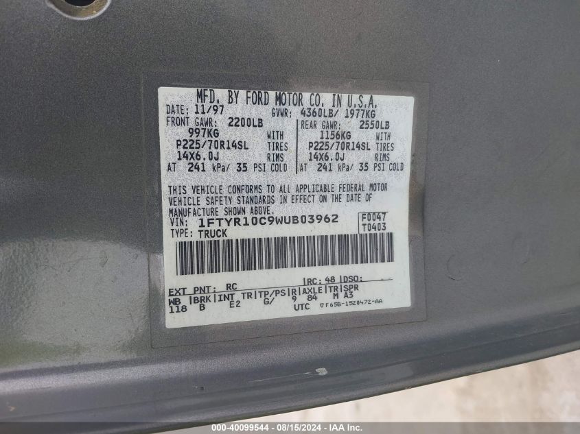 1998 Ford Ranger Splash/Xl/Xlt VIN: 1FTYR10C9WUB03962 Lot: 40099544