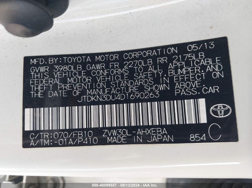 2013 Toyota Prius Three VIN: JTDKN3DU4D1690263 Lot: 40099557