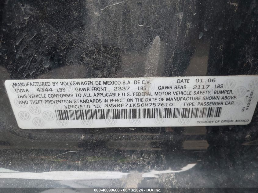 2006 Volkswagen Jetta 2.5 VIN: 3VWRF71K56M757610 Lot: 40099660