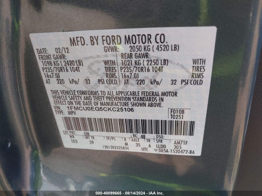 2012 Ford Escape Limited VIN: 1FMCU0EG5CKC25106 Lot: 40099665