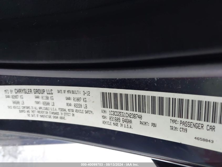 2012 Dodge Avenger Sxt Plus VIN: 1C3CDZEG1CN238740 Lot: 40099703