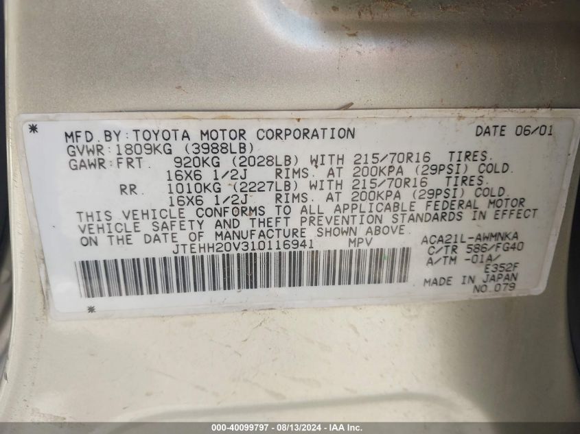 2001 Toyota Rav4 VIN: JTEHH20V310116941 Lot: 40099797