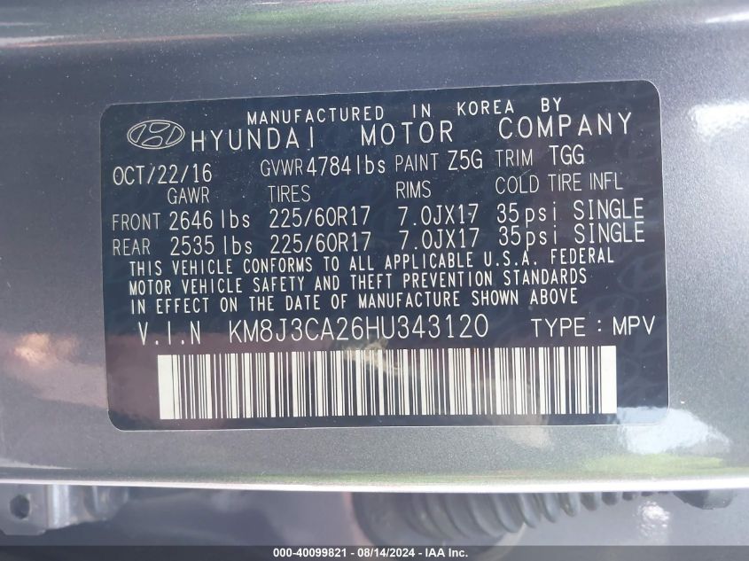 KM8J3CA26HU343120 2017 Hyundai Tucson Eco