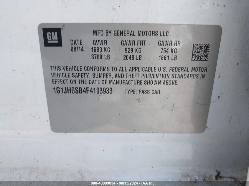 2015 Chevrolet Sonic Rs Manual VIN: 1G1JH6SB4F4103933 Lot: 40099834