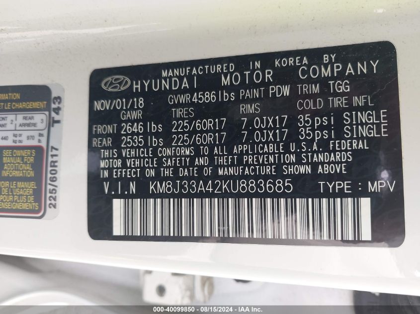 2019 Hyundai Tucson Value VIN: KM8J33A42KU883685 Lot: 40099850