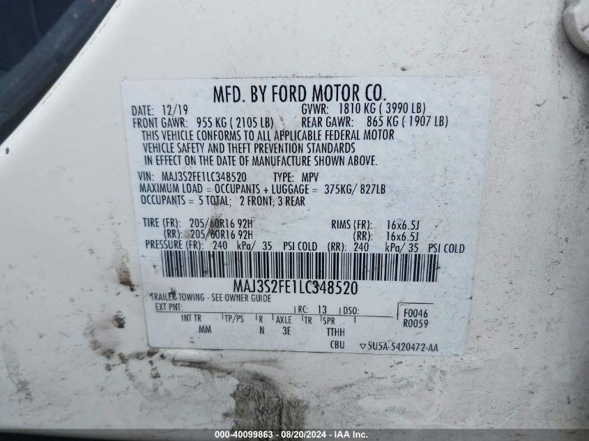 2020 Ford Ecosport S VIN: MAJ3S2FE1LC348520 Lot: 40099863