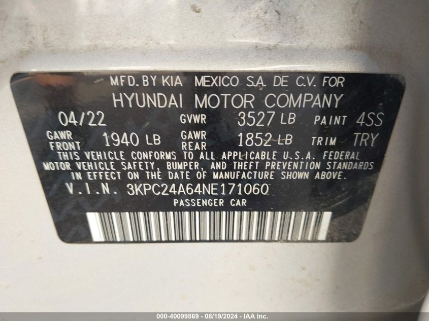 2022 Hyundai Accent Se VIN: 3KPC24A64NE171060 Lot: 40099869