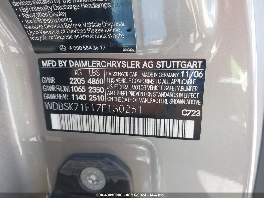 2007 Mercedes-Benz Sl 550 550 VIN: WDBSK71F17F130261 Lot: 40099906