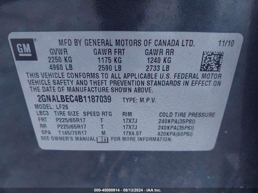 2011 Chevrolet Equinox Ls VIN: 2GNALBEC4B1187039 Lot: 40099914